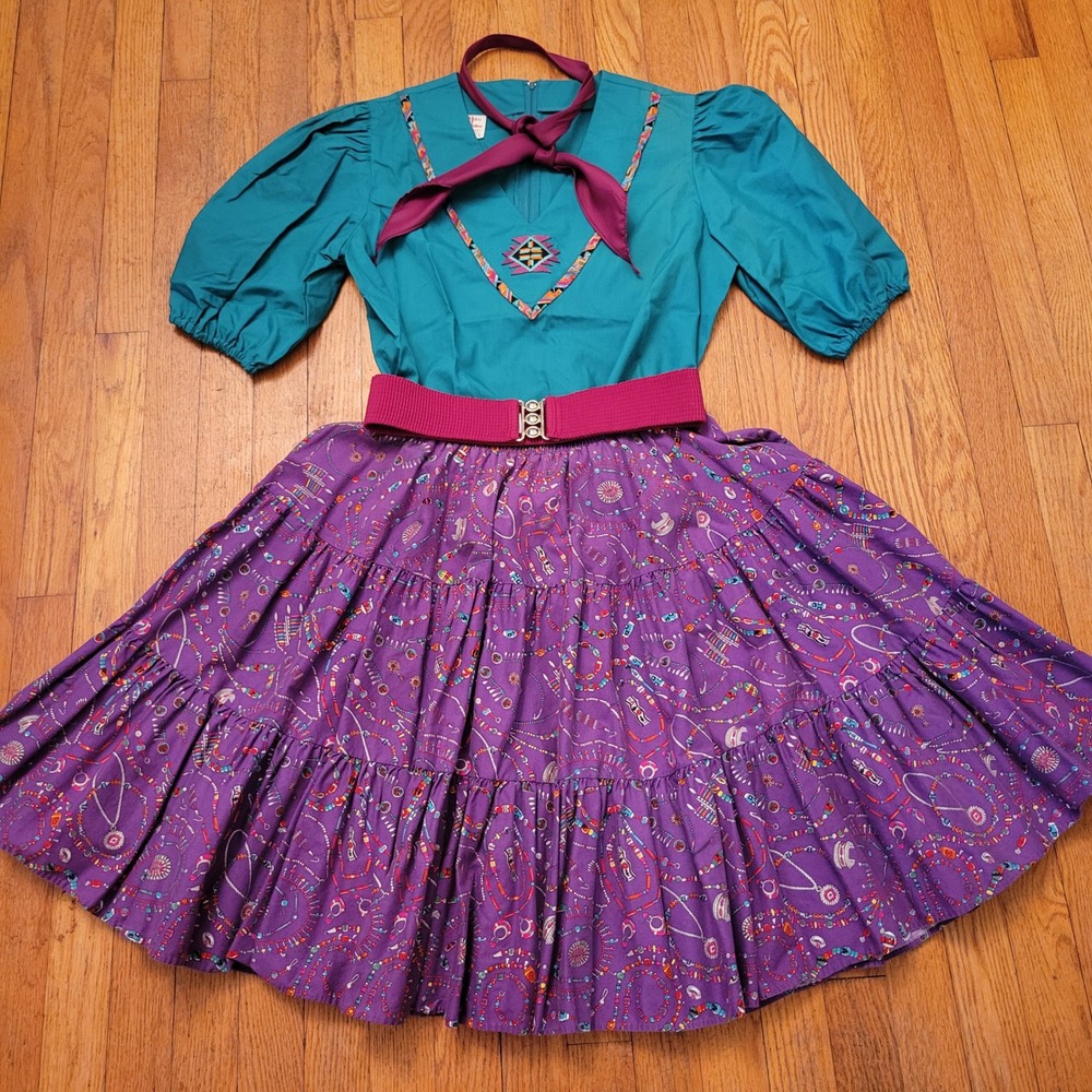 Malco Modes M Square Dance 5‎ Pc Teal Purple Southwestern Skirt Top Belt Hanky